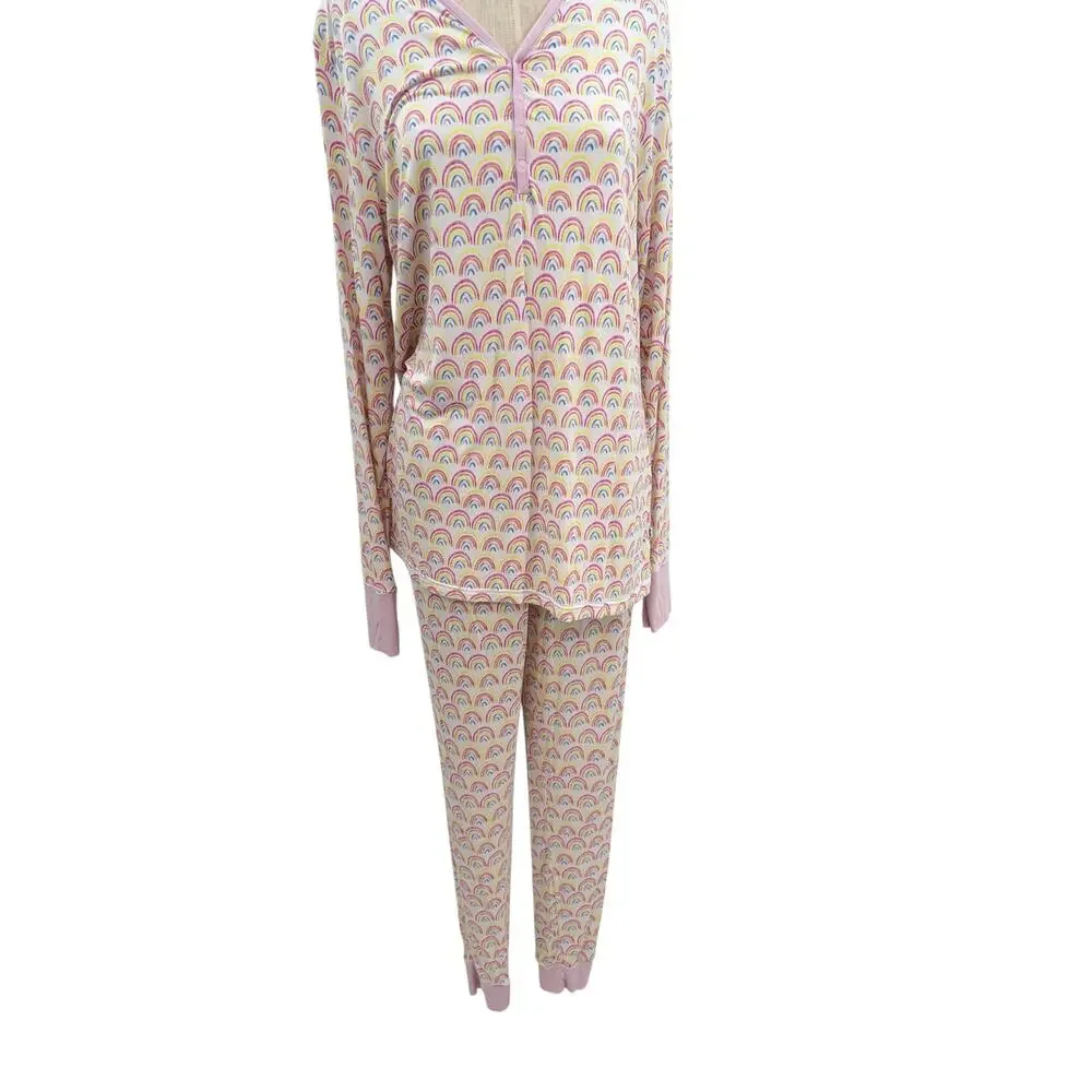 Little Sleepies Pastel Rainbows Bamboo Two Piece Pajama Set Pink Women's Large